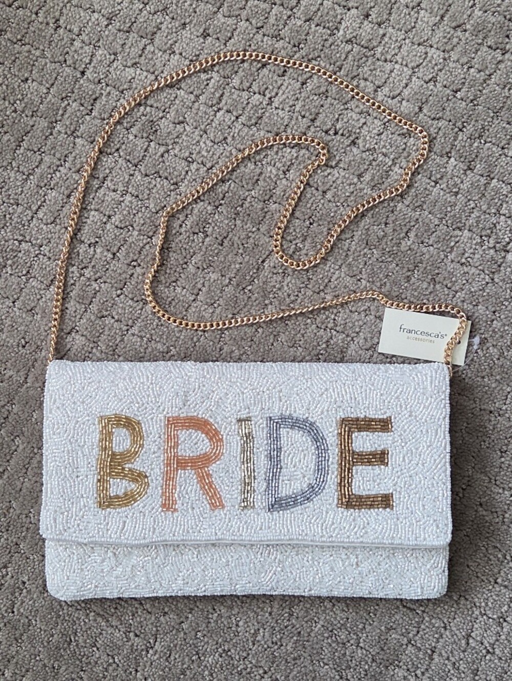​NWT Francesca’s BRIDE Beaded Clutch Crossbody Bag White Gold Metallic